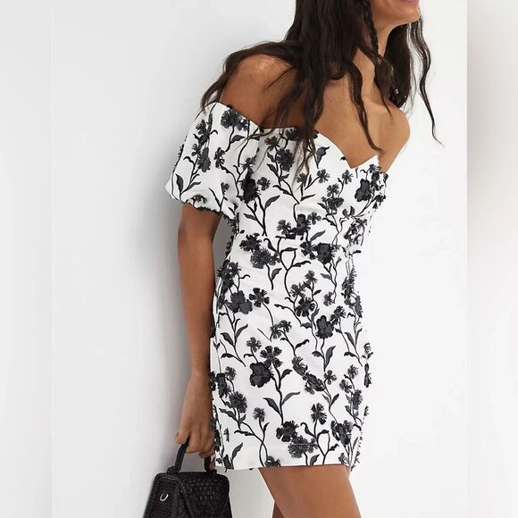 Anthropologie Dress Size 8 Black White Sabrina Puff-Sleeve Floral Applique Mini - Picture 14 of 15